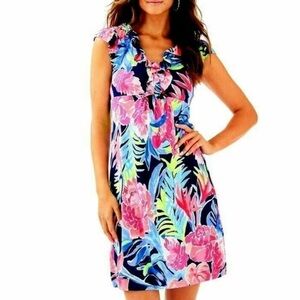 Lilly Pulitzer High Tide Tropicolada ruffle Jersey dress sz XS